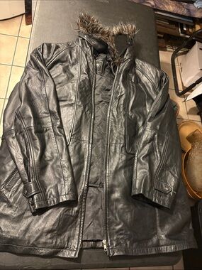 Midnight Velvet Black Leather Trench Coat with Faux Fur Hood Trim